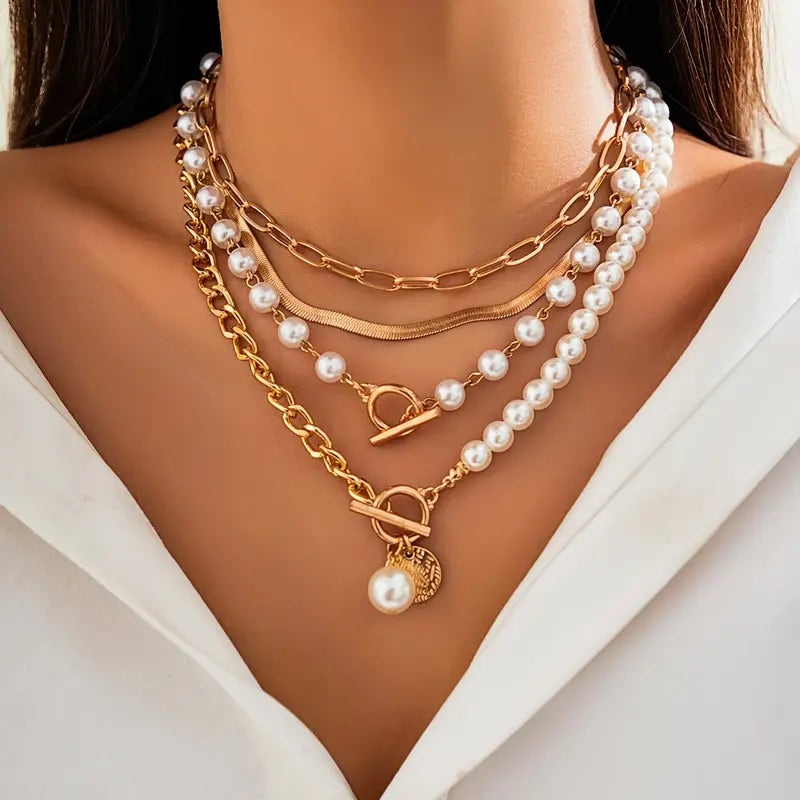 Modern Pearl Layered Necklace Set